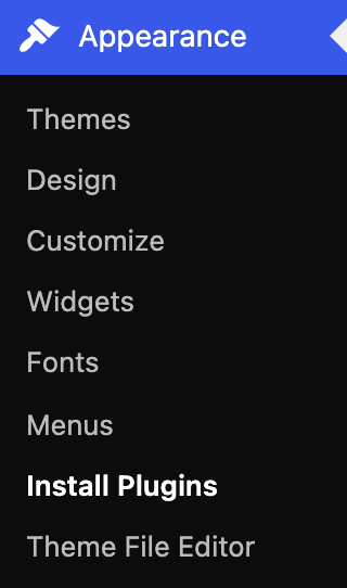 The WordPress Appearance menu expanded, with the Install Plugins item highlighted