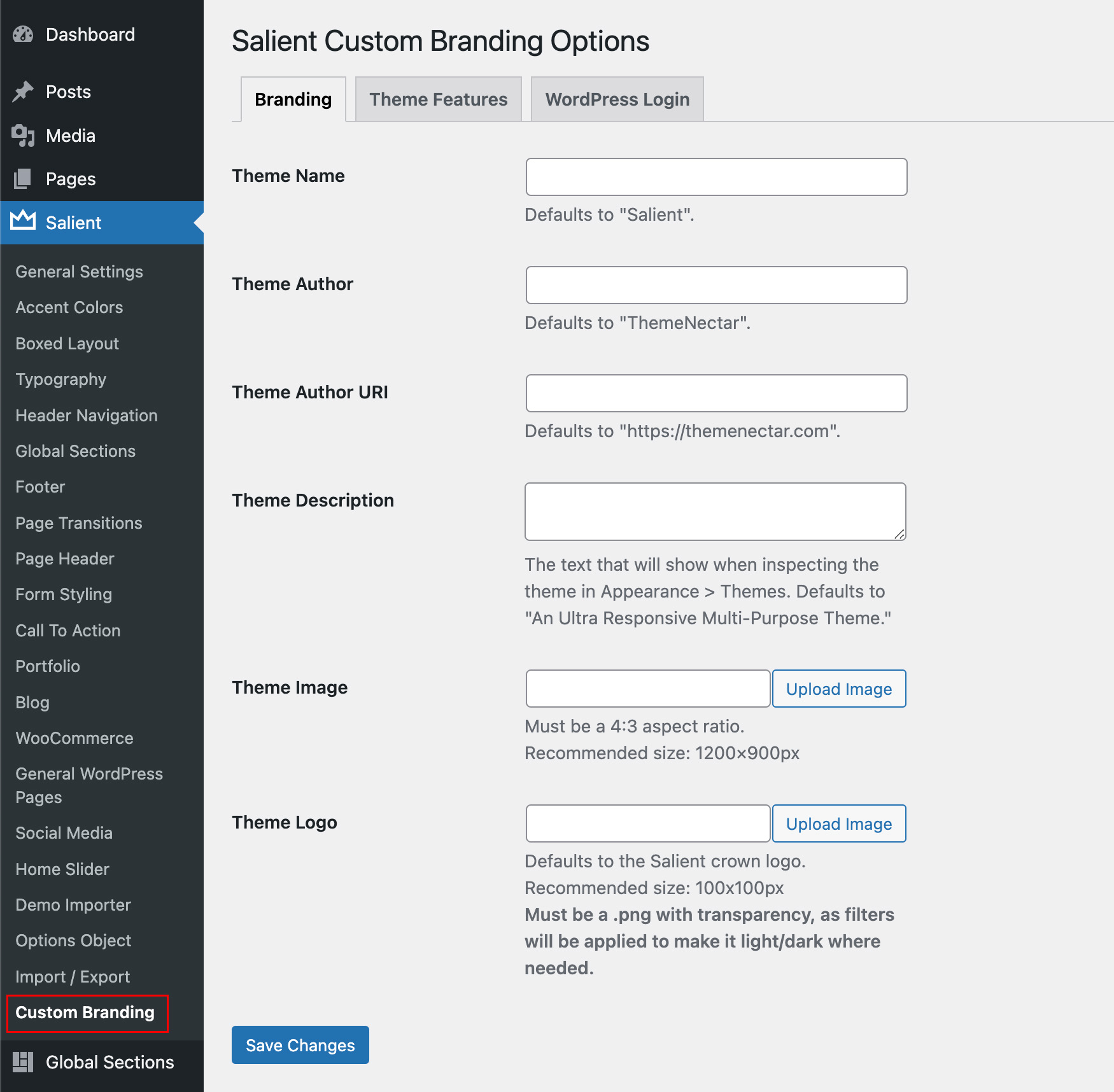 The Salient Custom Branding tab in the WordPress admin, showing the Branding, Theme Features and WordPress Login settings