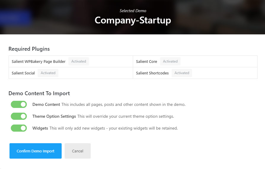 The Salient demo import modal: four required plugins marked Activated, three content toggles on and a Confirm Demo Import button