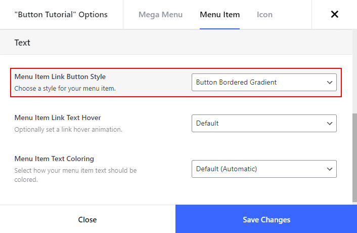 The Salient Menu Options modal with Menu Item Link Button Style set to Button Bordered Gradient, outlined in red