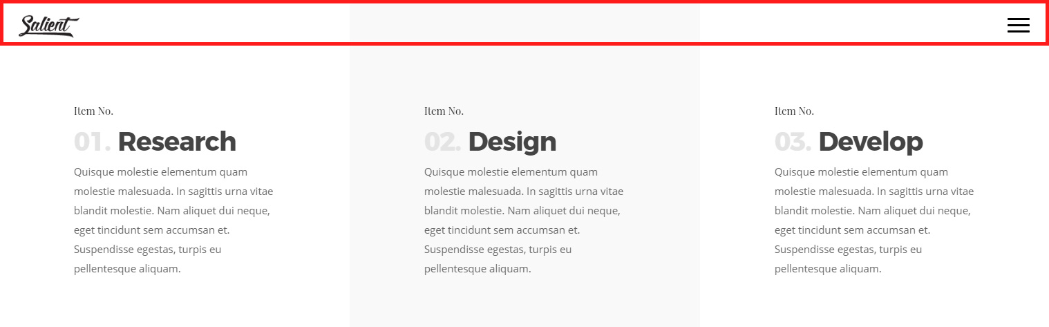 The transparent Salient header outlined in red, its logo and menu icon dark over a white three column row