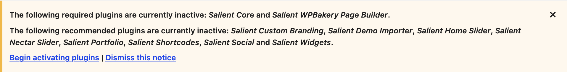 The Salient admin notice listing the required and recommended plugins that are currently inactive, with a link to begin activating them