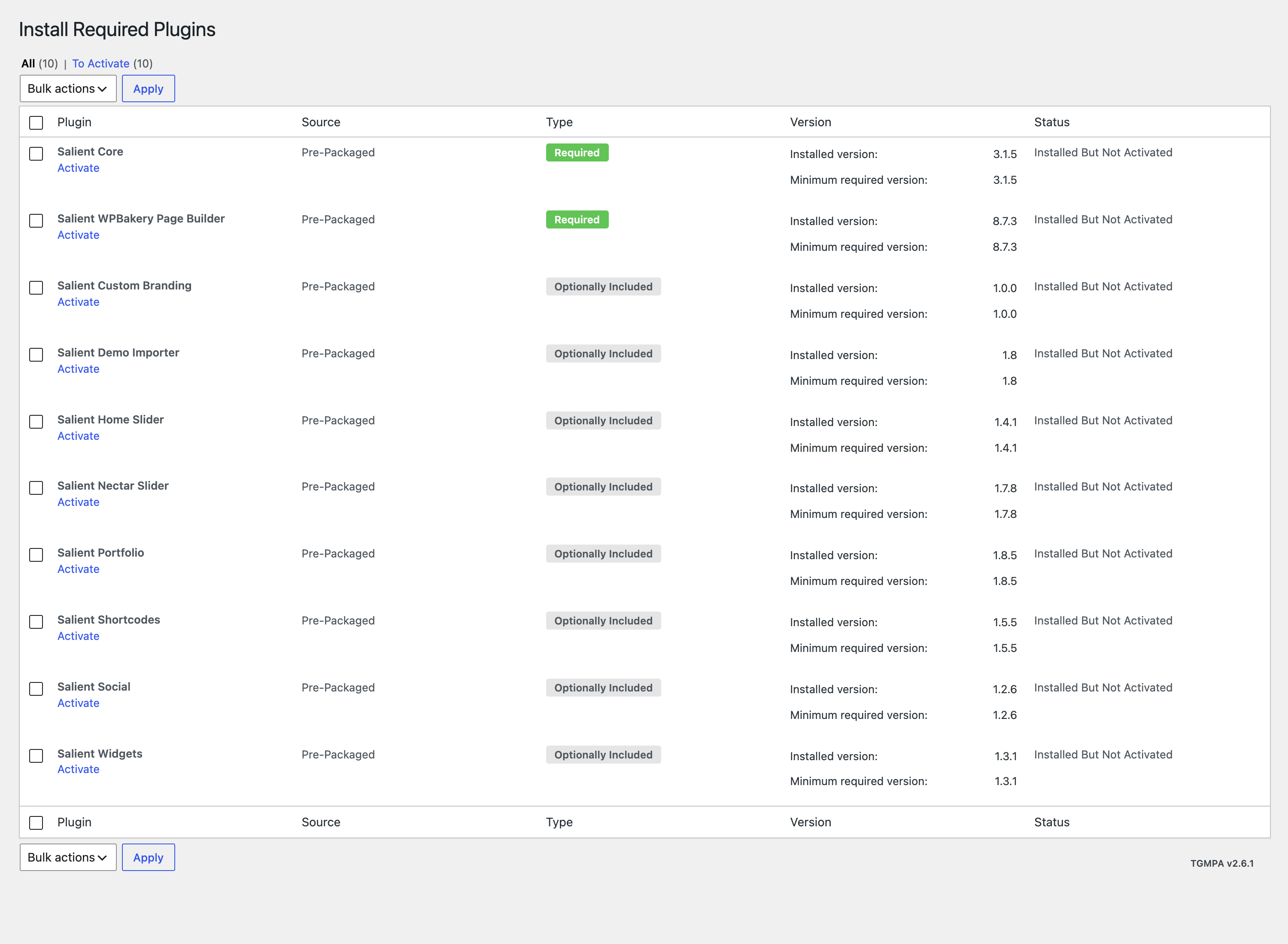The Install Required Plugins screen listing Salient Core, Salient WPBakery Page Builder and the optional plugins, each with its type, version and status