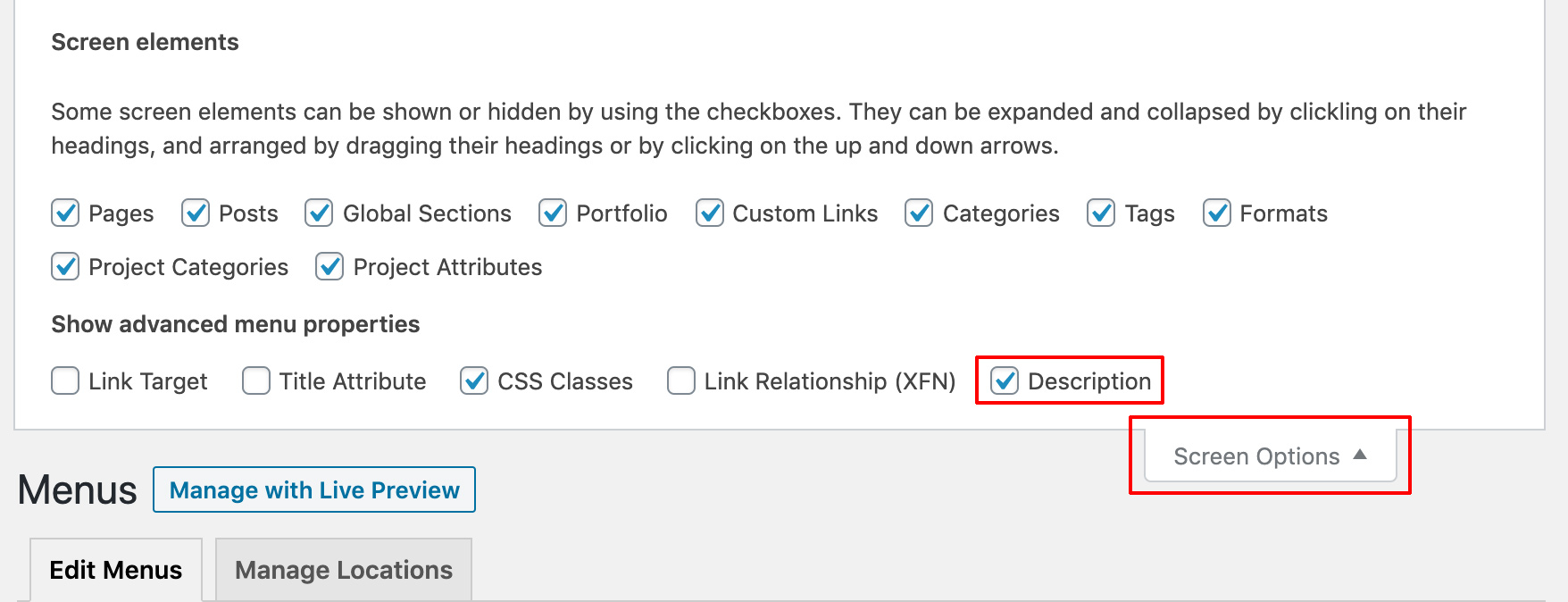 The Screen Options panel on the WordPress Menus screen with the Description checkbox ticked