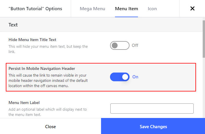 The Salient Menu Options modal with the Persist In Mobile Navigation Header toggle switched on and outlined in red