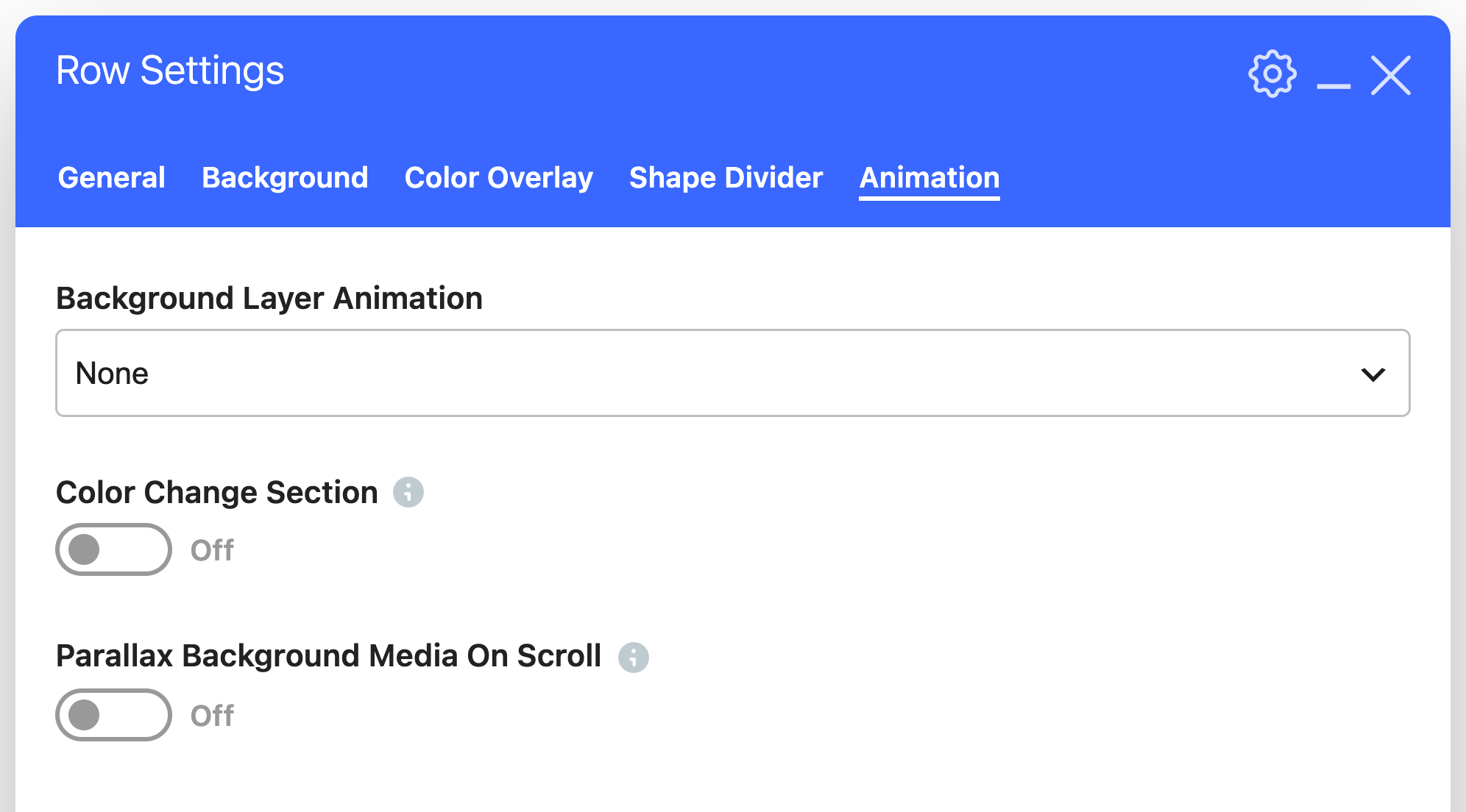 The Salient row settings Animation tab: a Background Layer Animation dropdown set to None, and toggles for Color Change Section and Parallax Background Media On Scroll