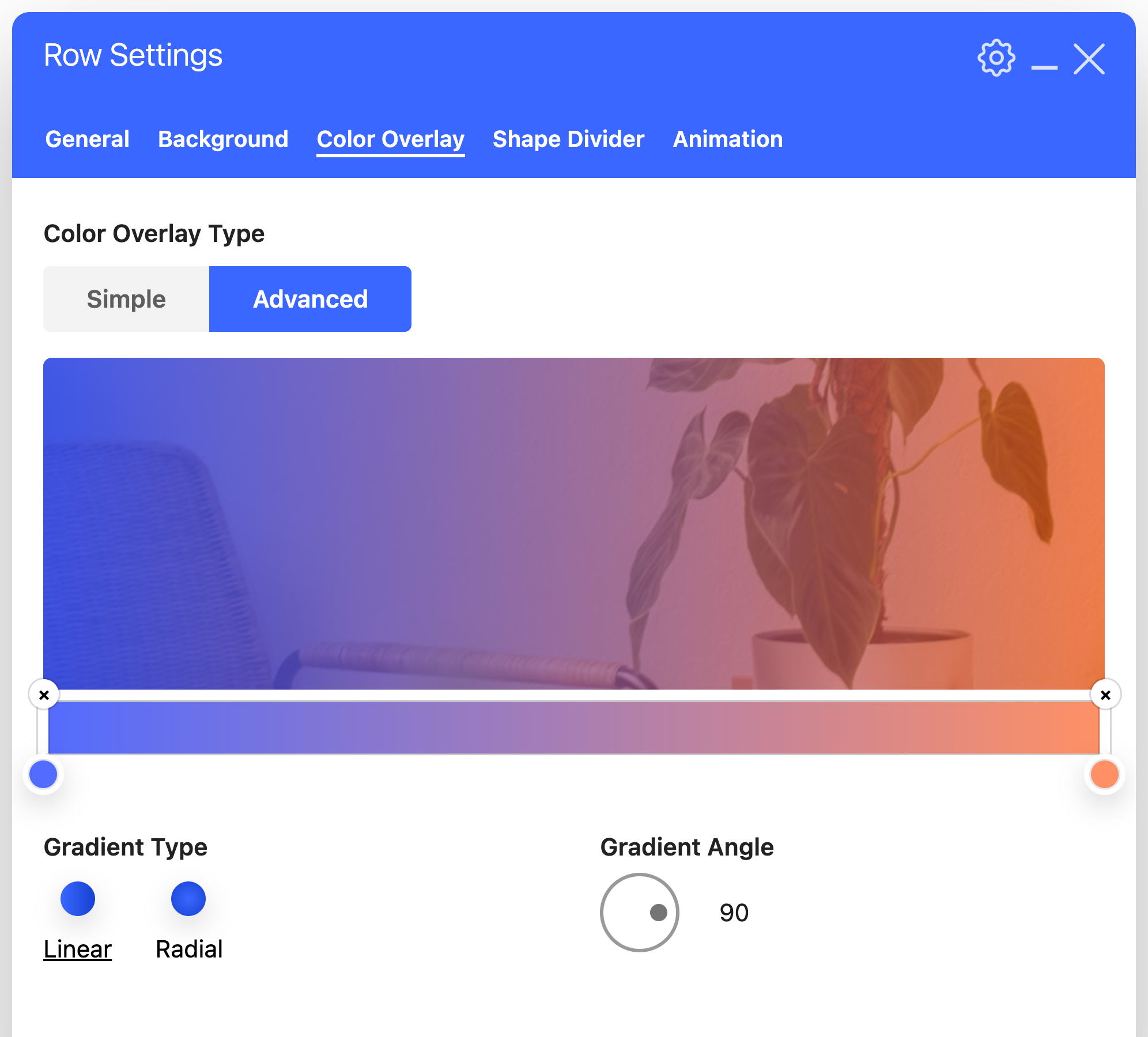 The Salient row settings Color Overlay tab in Advanced mode: a gradient editor with a draggable blue stop at the left and orange stop at the right, previewed over the row's background photograph, with Gradient Type set to Linear and a Gradient Angle dial at 90