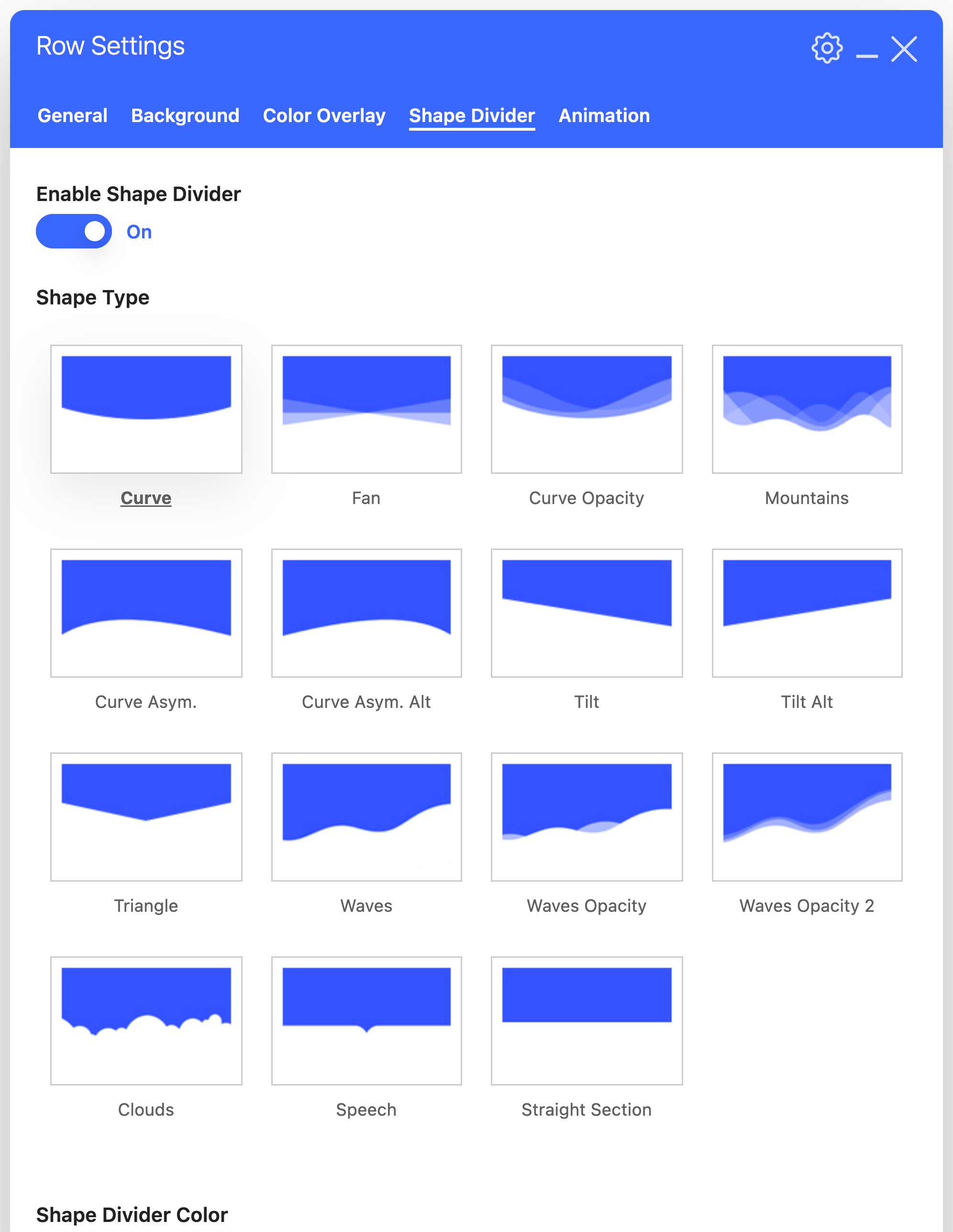 The Salient row settings Shape Divider tab with Enable Shape Divider on and the fifteen shape thumbnails: Curve, Fan, Curve Opacity, Mountains, Curve Asym., Curve Asym. Alt, Tilt, Tilt Alt, Triangle, Waves, Waves Opacity, Waves Opacity 2, Clouds, Speech and Straight Section