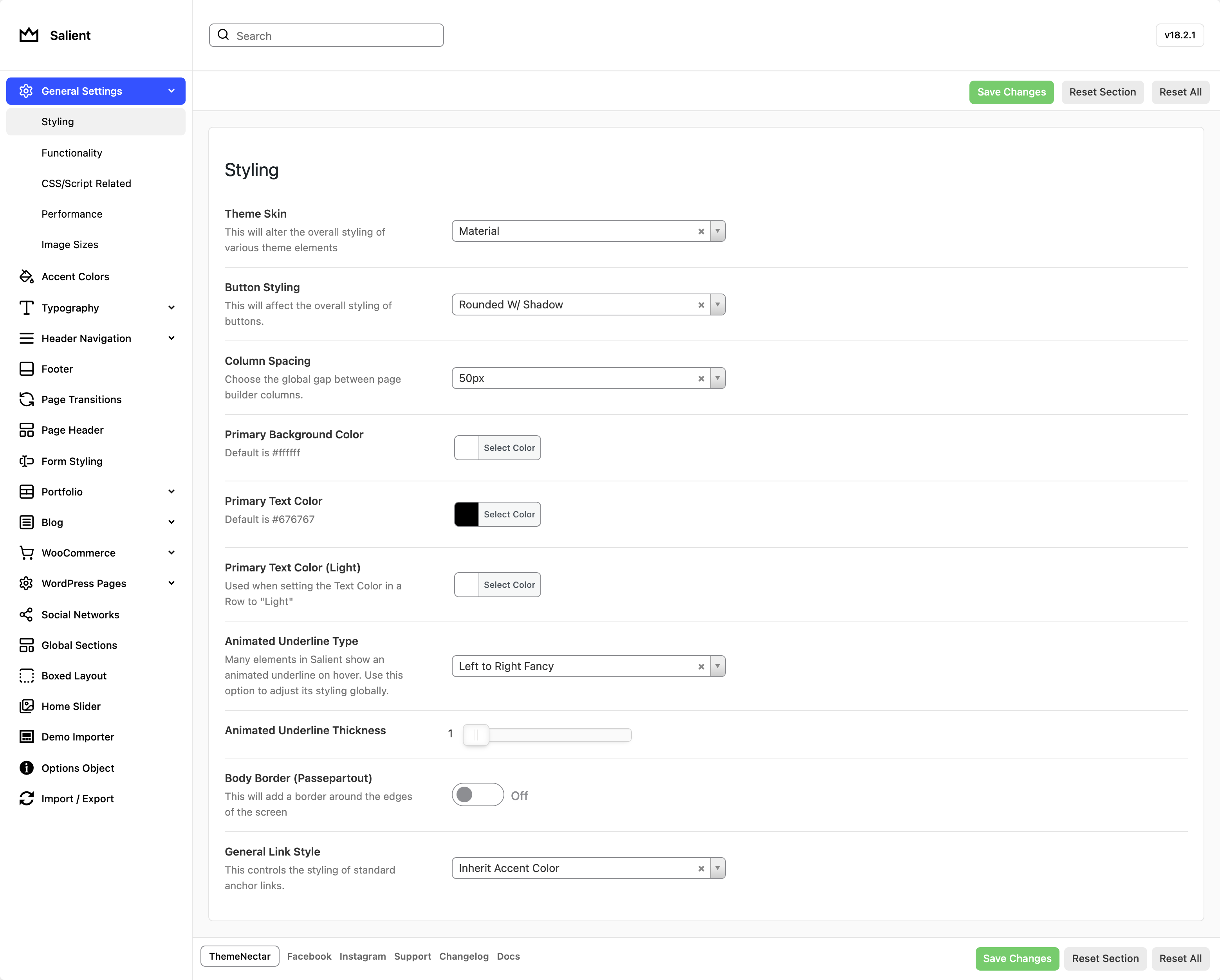 The Salient options panel with its tab list down the left, open on the General Settings Styling section