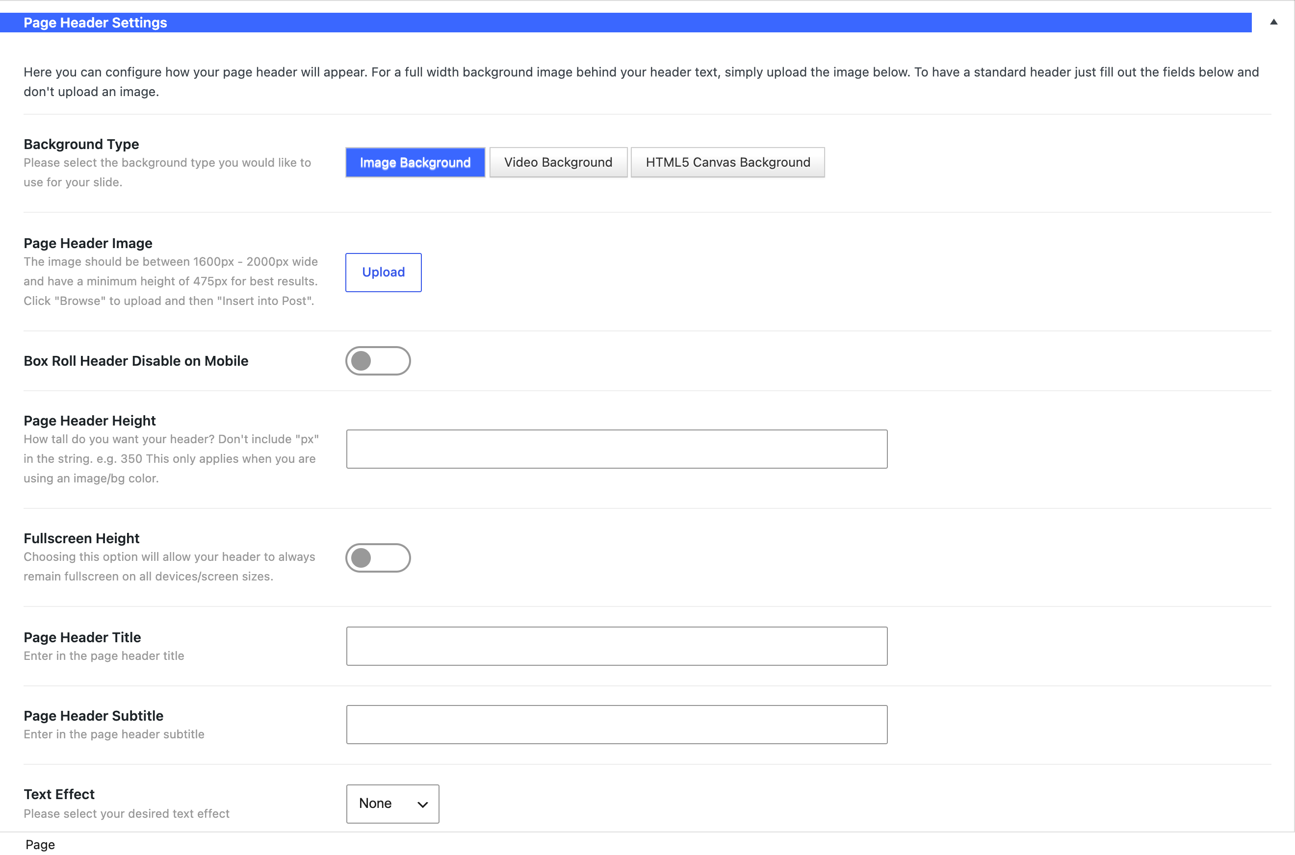 Salient's Page Header Settings metabox with Background Type set to Image Background and the Page Header Image Upload button below