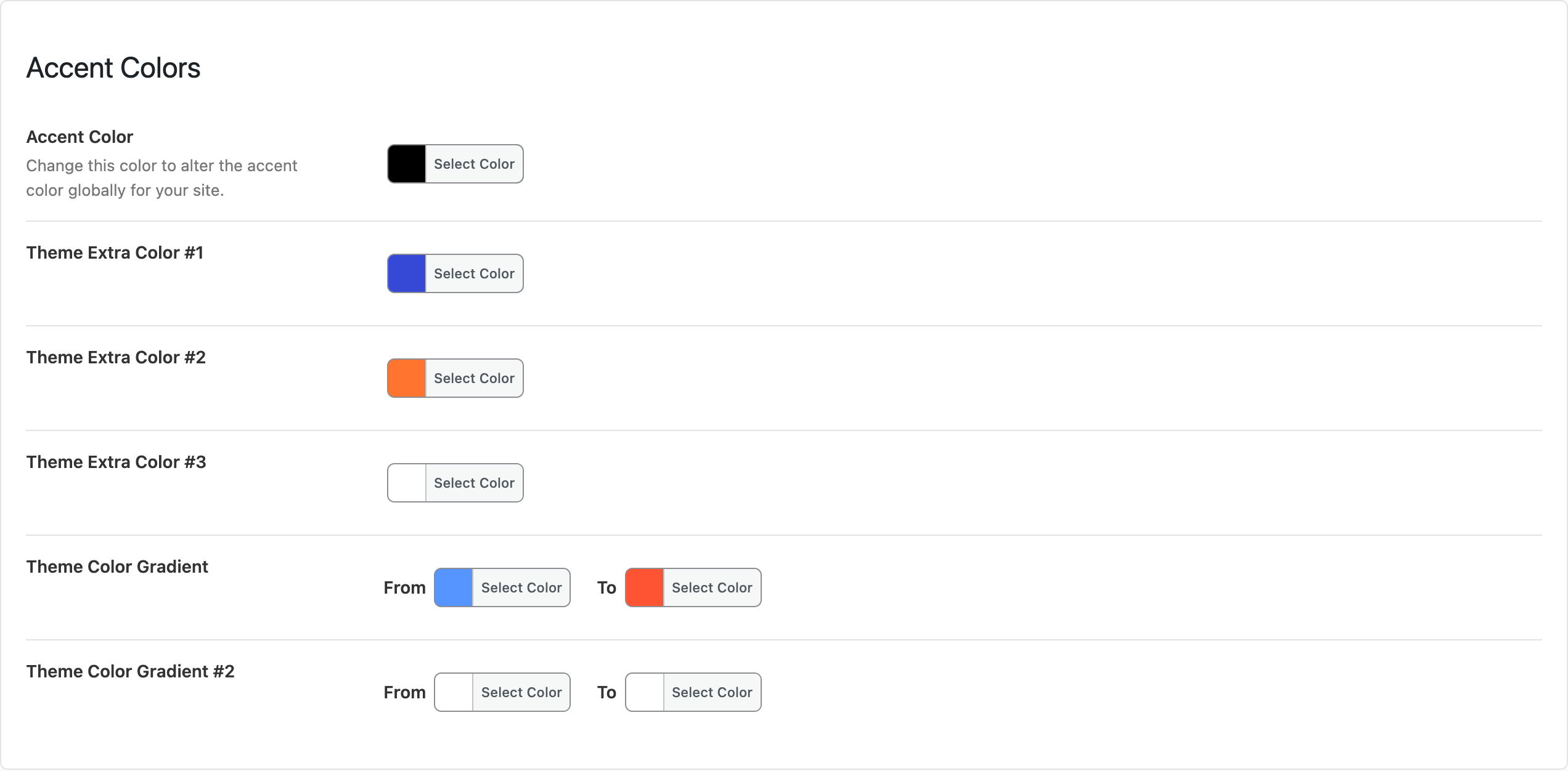 Salient's Accent Colors tab with a black Accent Color, blue and orange Theme Extra Colors and two gradient pickers