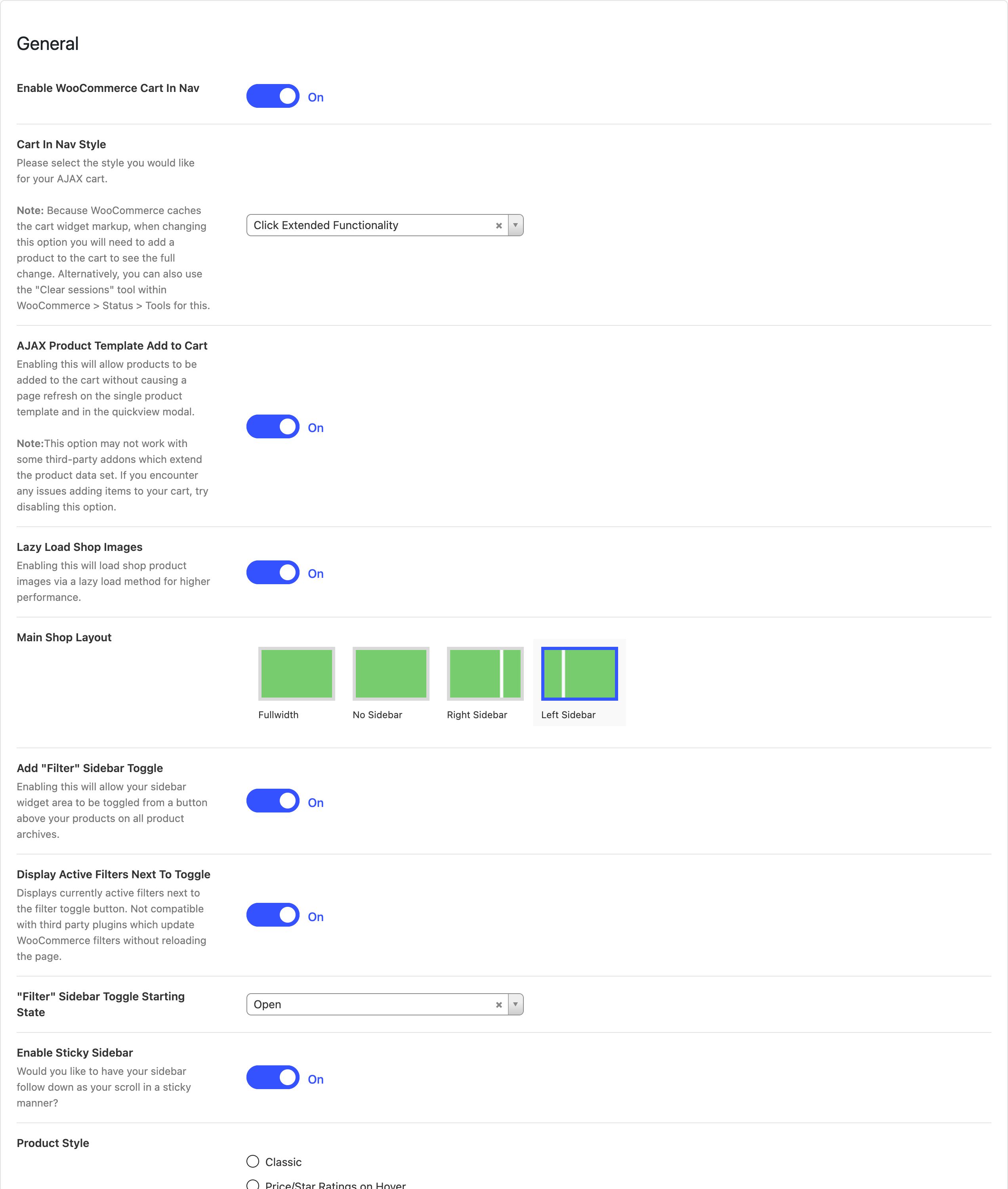 Salient's General WooCommerce options, with Enable WooCommerce Cart In Nav on and Left Sidebar selected as Main Shop Layout