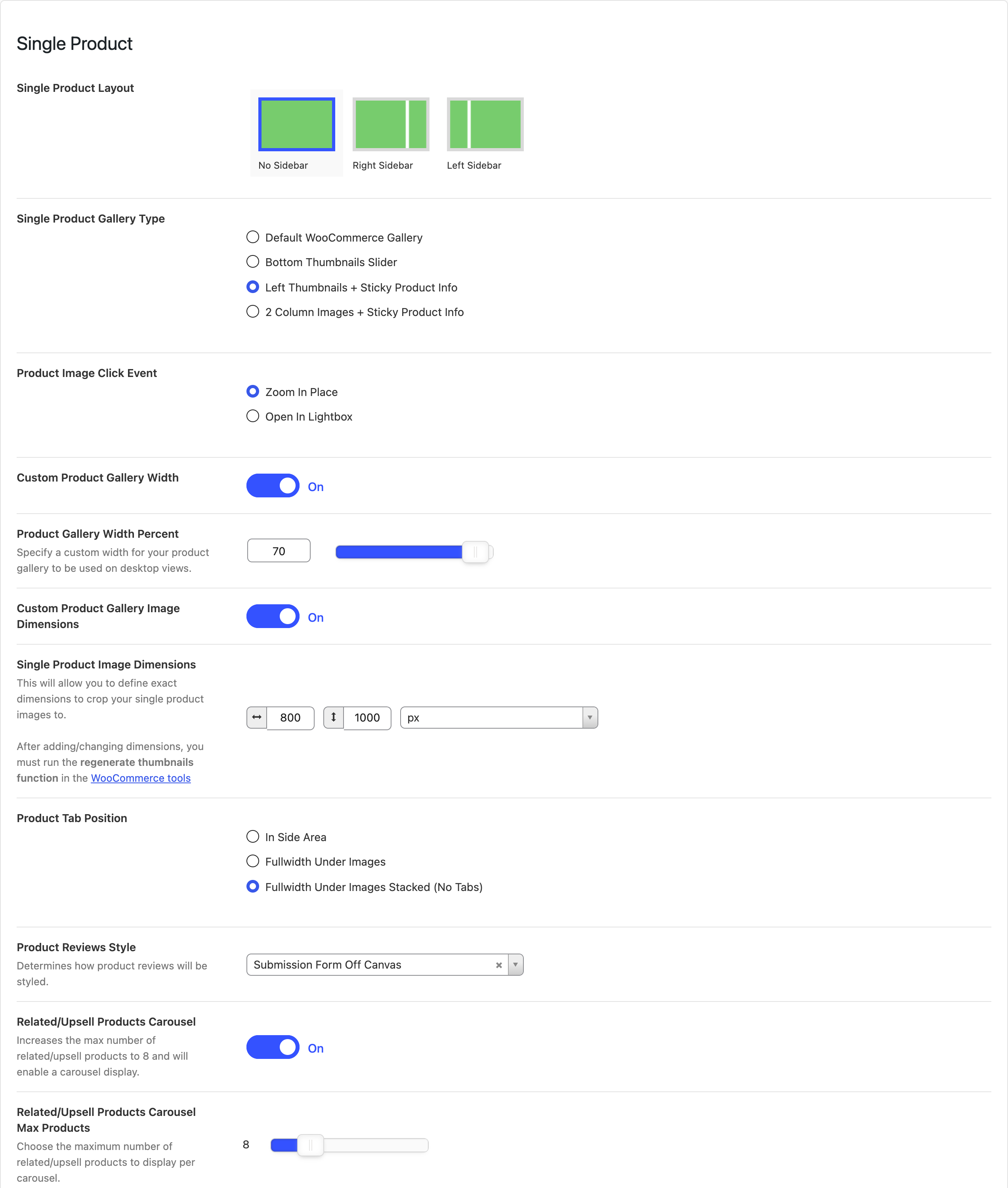 Salient's Single Product WooCommerce options, with No Sidebar selected as the layout and four gallery type radio buttons below