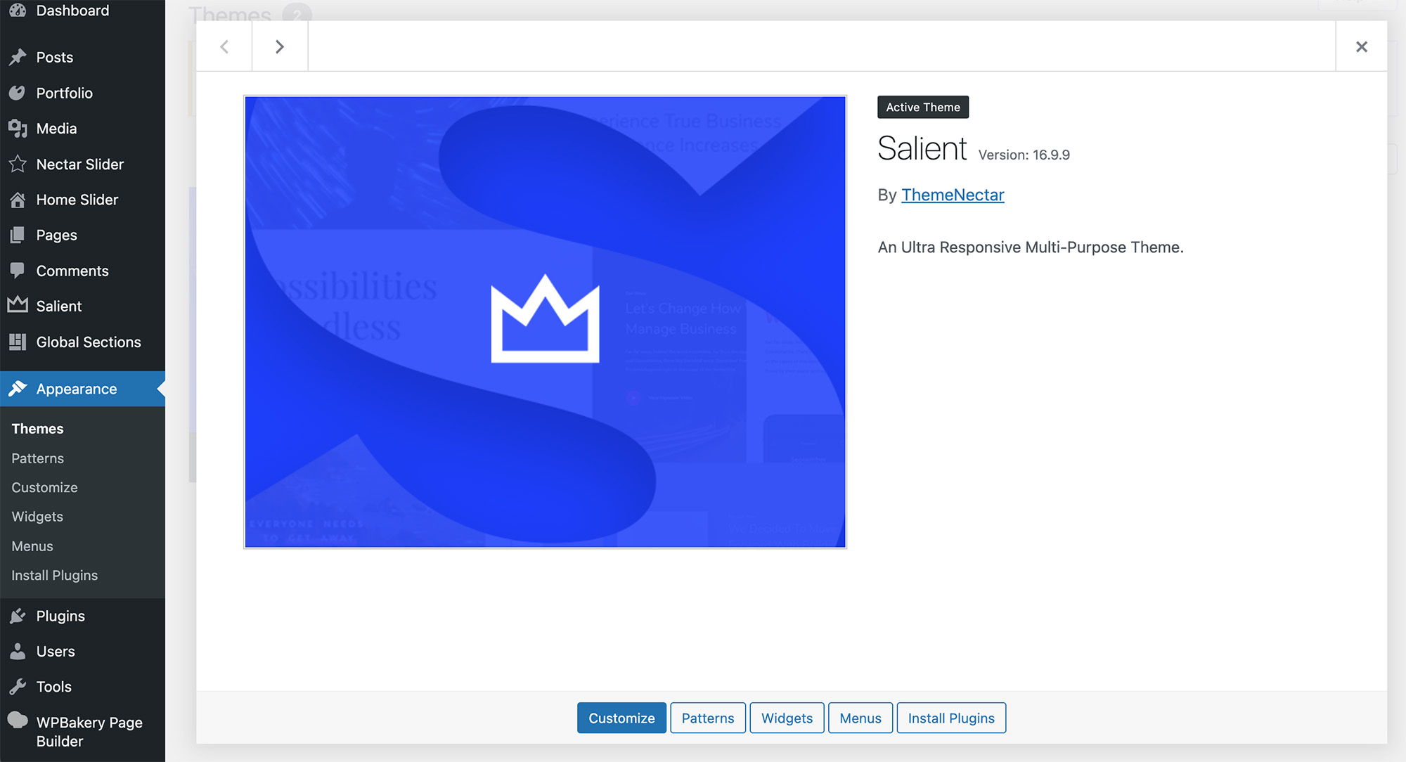 A white labeled WordPress admin, with the theme name, author, description, screenshot and menu icon all replaced with agency branding