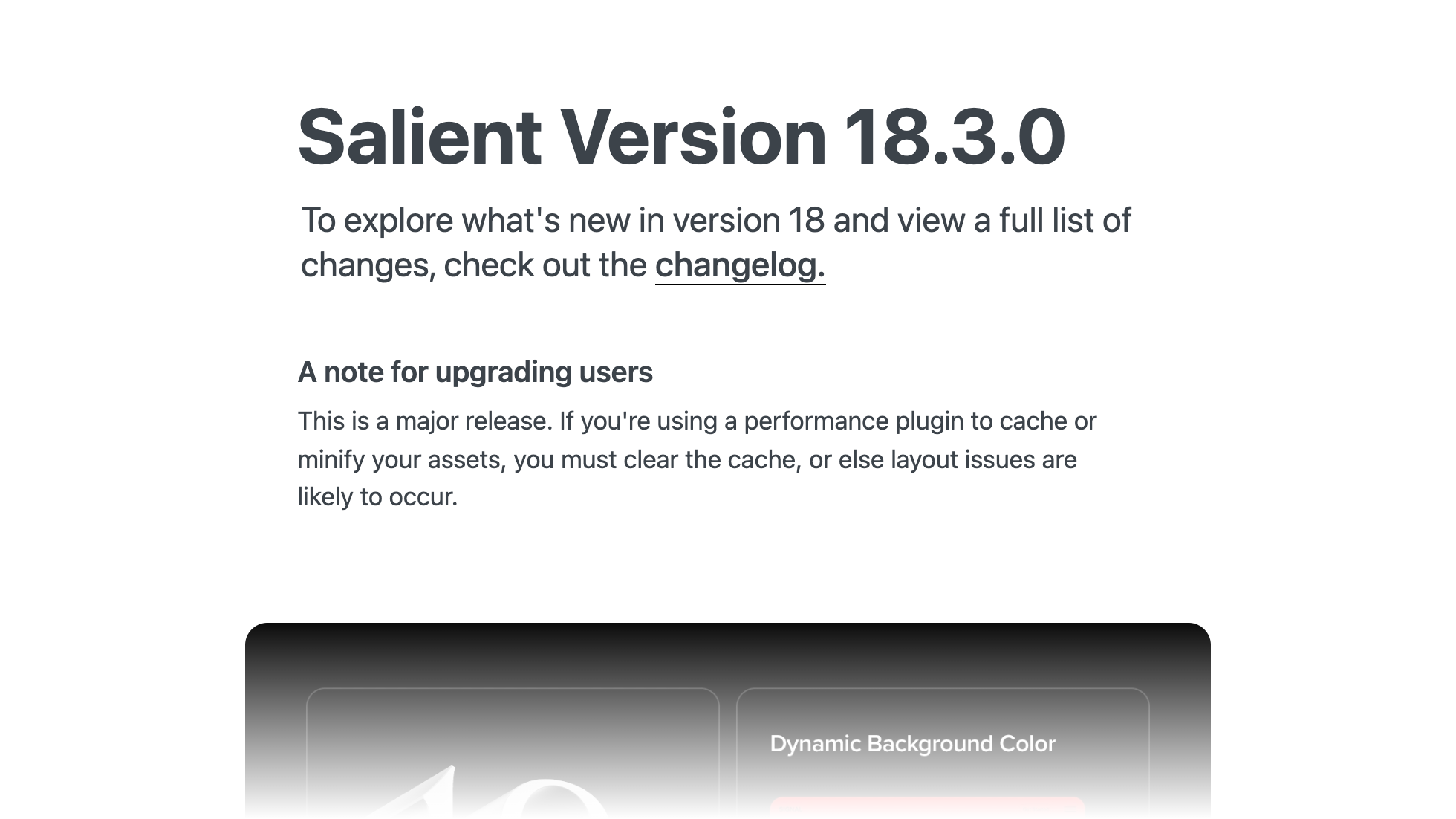 The Salient welcome screen for version 18.3.0, with a changelog link, a note for upgrading users and feature cards below