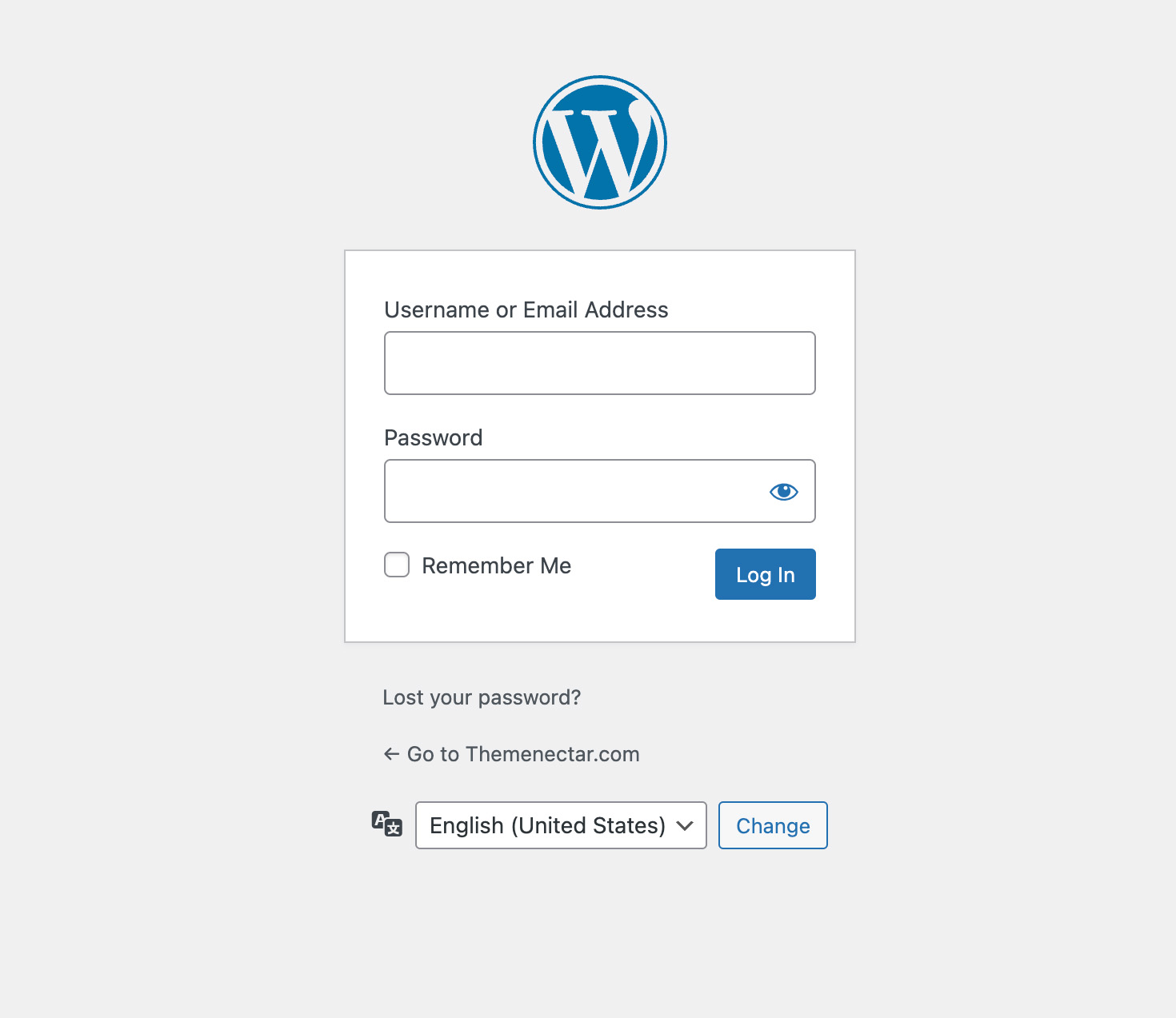 The default WordPress login page, with the WordPress logo on a gray background