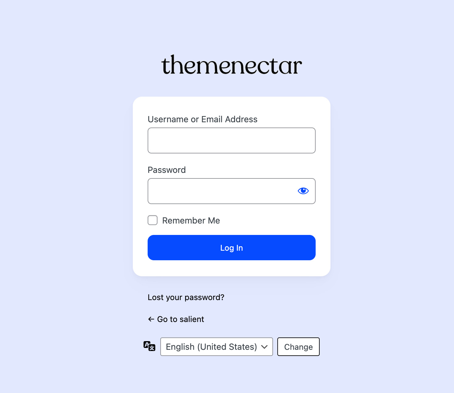 A custom WordPress login page created with Salient Custom Branding, with an agency logo, custom background and accent colors, and a full width login button